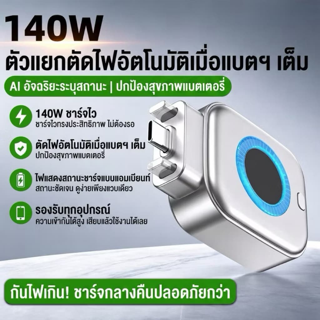 อะแดปเตอร์ชาร์จเร็ว 140W Type-C ตัดการชาร์จอัตโนมัติ เมื่อแบตเตอรี่เต็ม หัวชาร์จเร็ว สําหรับมือถือ ไอโฟน… รูปที่ 1