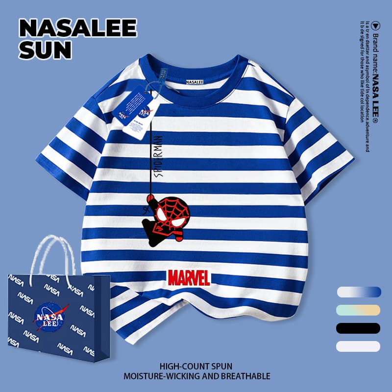 เด็กผ้าฝ้ายสีฟ้าสีขาวลายเสื้อยืดการ์ตูนการออกแบบความรู้สึกเดอร์แมนสนุกพิมพ์ฤดูร้อนเสื้อผ้าระบายอากาศแขนสั้นเหม…