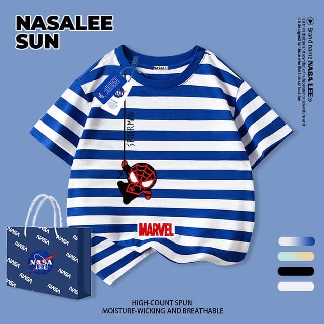 เด็กผ้าฝ้ายสีฟ้าสีขาวลายเสื้อยืดการ์ตูนการออกแบบความรู้สึกเดอร์แมนสนุกพิมพ์ฤดูร้อนเสื้อผ้าระบายอากาศแขนสั้นเหม…