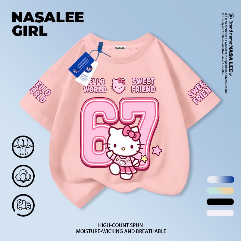 เสื้อยืดเด็กฤดูร้อน 2026 ลายคิตตี้เลข 67 สีชมพู 3-16 ปี เด็กผู้หญิง น่ารัก