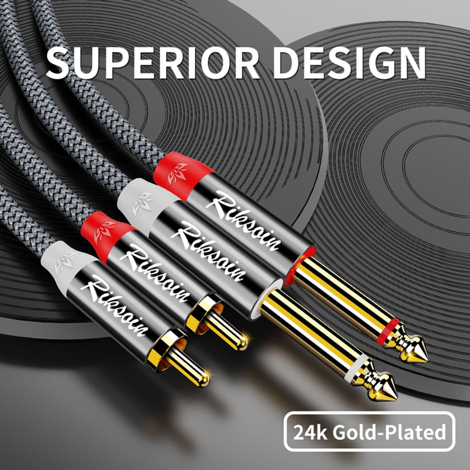 สายสัญญาณเสียง RIKSOIN 2RCA to Dual 6.35mm 1/4 TRS ถักทอ ใช้ต่อกีตาร์ ลําโพง สเตอริโอ มิกเซอร์มืออาชีพ