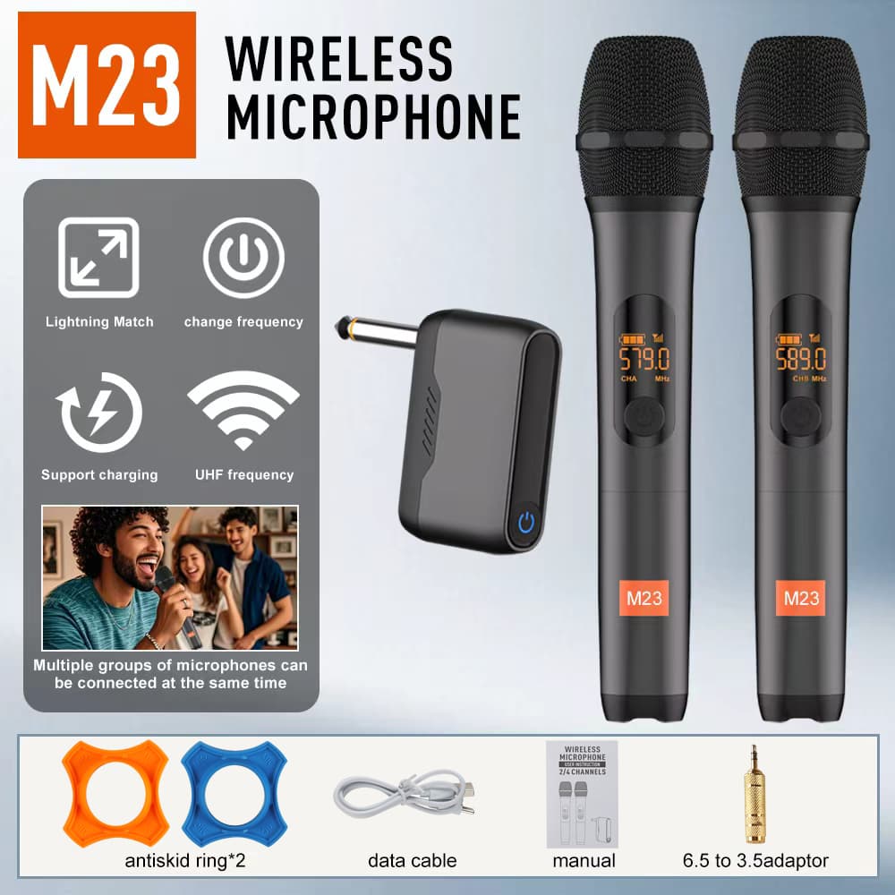 ไมโครโฟนไร้สาย UHF M23 พร้อมตัวรับสัญญาณแบบชาร์จไฟได้ 5 ชั่วโมงแบตเตอรี่ทํางานสําหรับคาราโอเกะเวทีแสดงปาร์ตี้ รูปที่ 1
