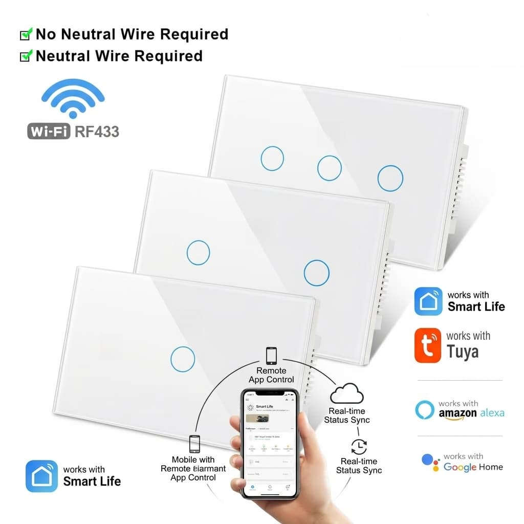 Axus สําหรับ Tuya WiFi สมาร์ทสวิทช์ US 1-4 Gang Neutral/ไม่มีสายเป็นกลางที่จําเป็นทํางานร่วมกับ Alexa…