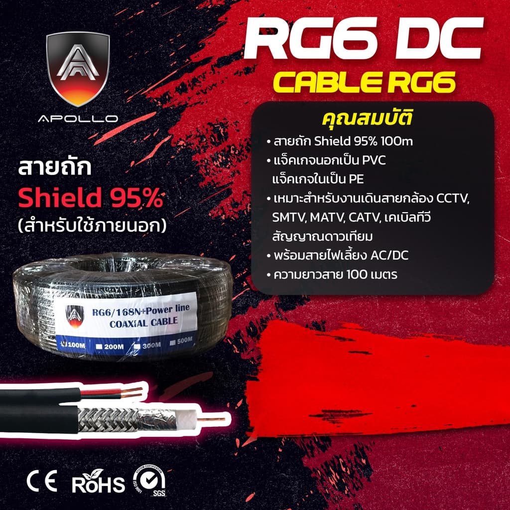 Apollo สายสัญญาณ RG6+Power AC/DC 100M ชีลล์ 95% Coaxial สําหรับติดตั้งกล้องวงจรปิด CCTV จามดาวเทียม เคเบิลทีวี