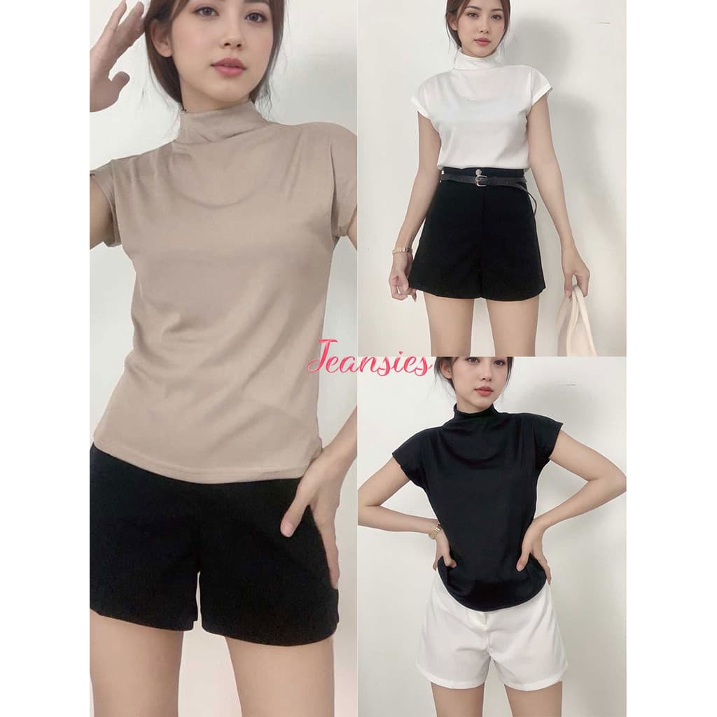เสื้อยืดคอกลมผู้หญิงแขนล้ํา พรางแขนให้ดูเพรียว คอสูง