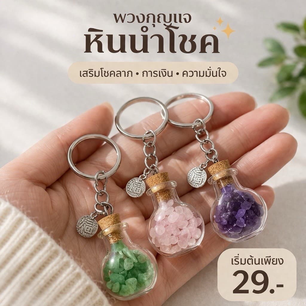 พวงกุญแจหินนําโชคแท้ 10 ชนิด ขวดแก้วจิ๋ว หินมงคล สายมู จี้เงิน Fu (福) เสริมดวงรอบด้าน โชคลาภ การเงิน พกติดตัว