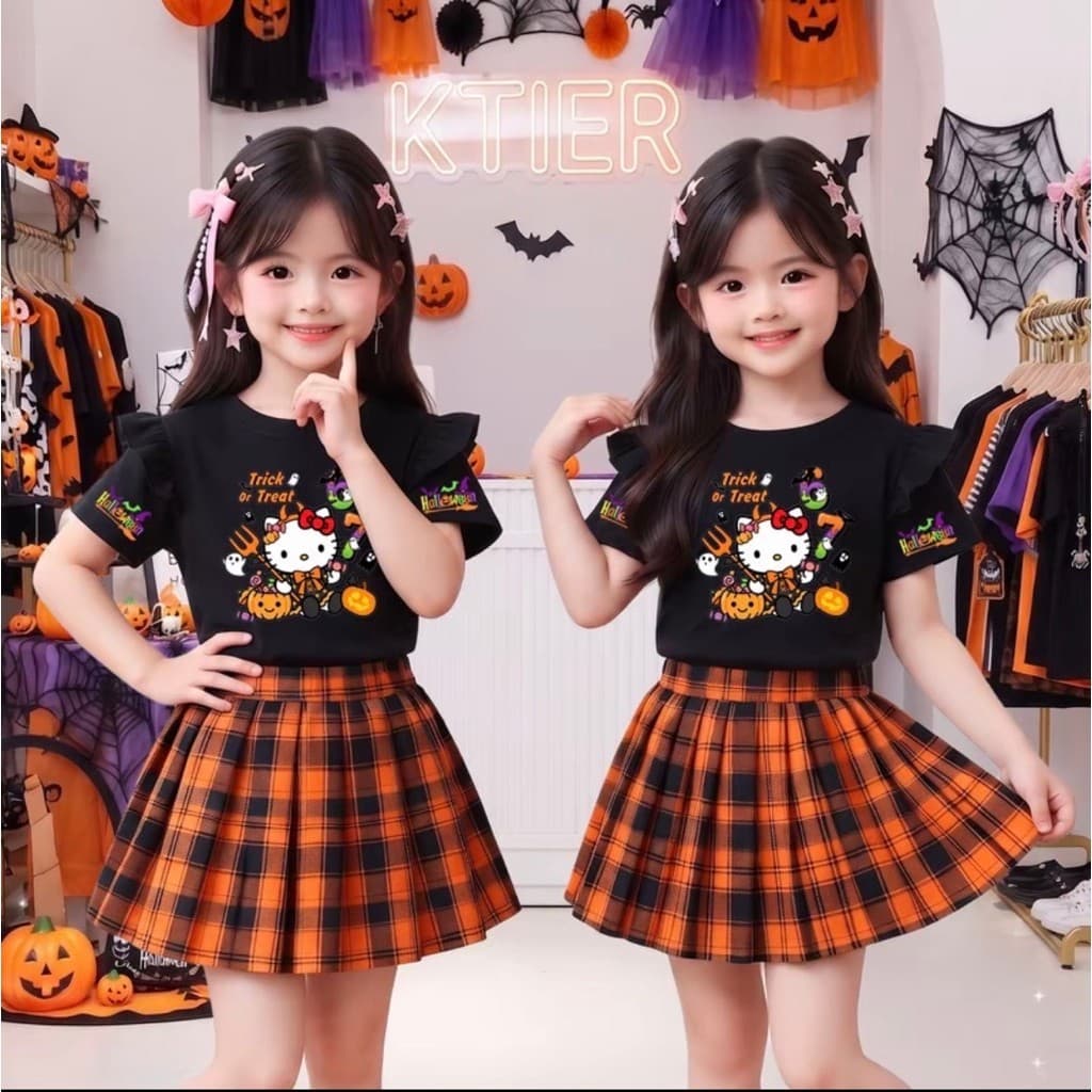 ชุดเด็กผู้หญิง ชุดเซ็ตเสื้อ+กระโปรง ลายฮาโลวีน สกีนชัด น่ารัก งานผ้าดี ครบไซส์ พร้อมส่ง