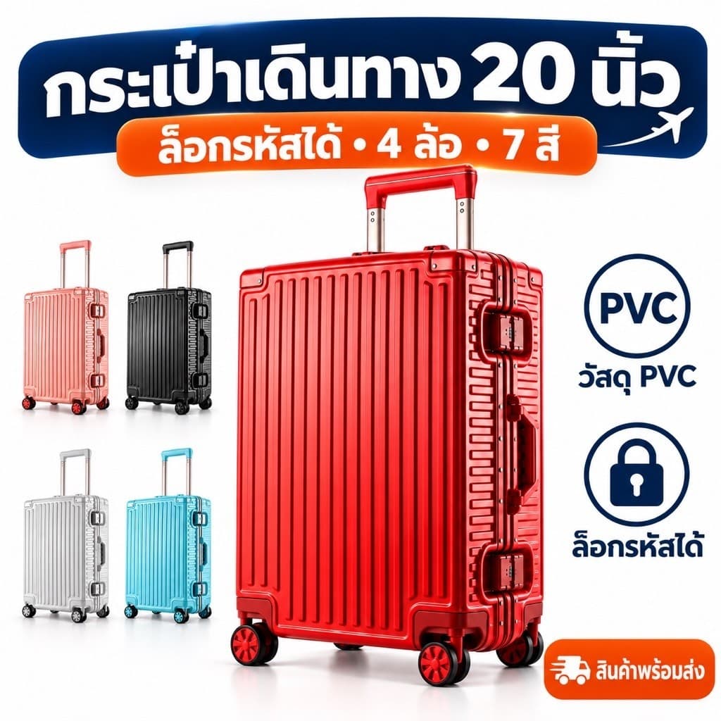 กระเป๋าเดินทาง 20 นิ้ว กระเป๋าล้อลาก 4 ล้อ PVC ล็อกรหัสได้ Carry On สําหรับขึ้นเครื่อง มีหลายสี