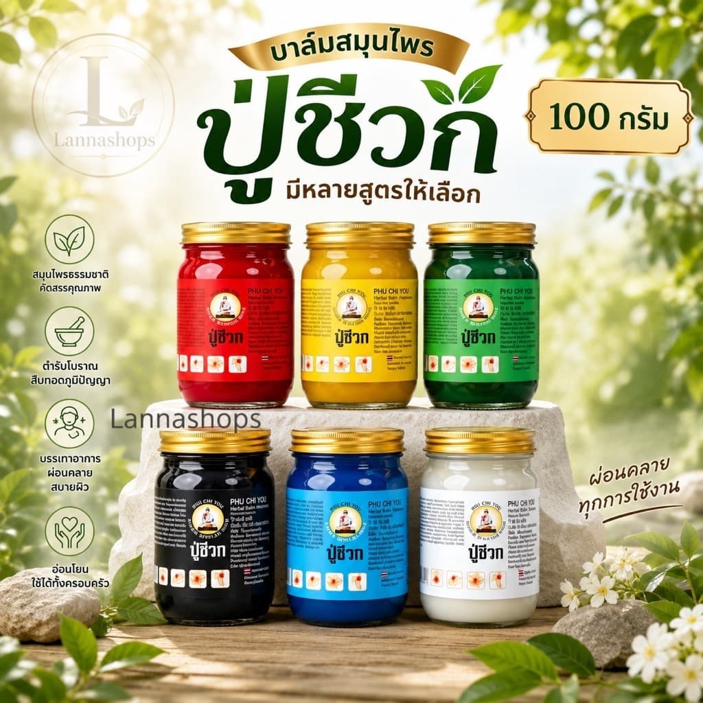 น้ํามันนวดสมุนไพร phu chi vox [บาล์ม ปู่ชีวก 100g. ] มีให้เลือก 6 สูตร
