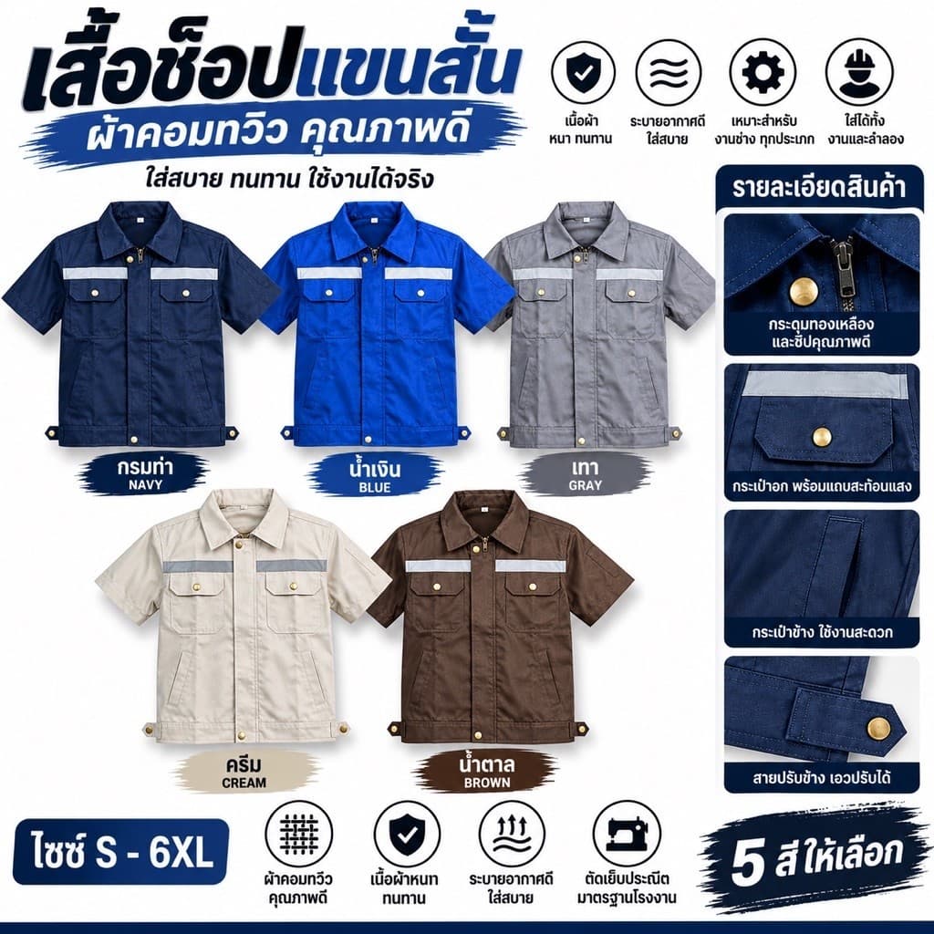 เสื้อช็อปแขนสั้นโทนเดียว ผ้าคอมทวิว กระดุมทองเหลือง แถบสะท้อนแสง เสื้อช่าง เสื้อทํางาน ไซซ์ S-6XL