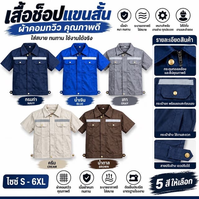 เสื้อช็อปแขนสั้นโทนเดียว ผ้าคอมทวิว กระดุมทองเหลือง แถบสะท้อนแสง เสื้อช่าง เสื้อทํางาน ไซซ์ S-6XL
