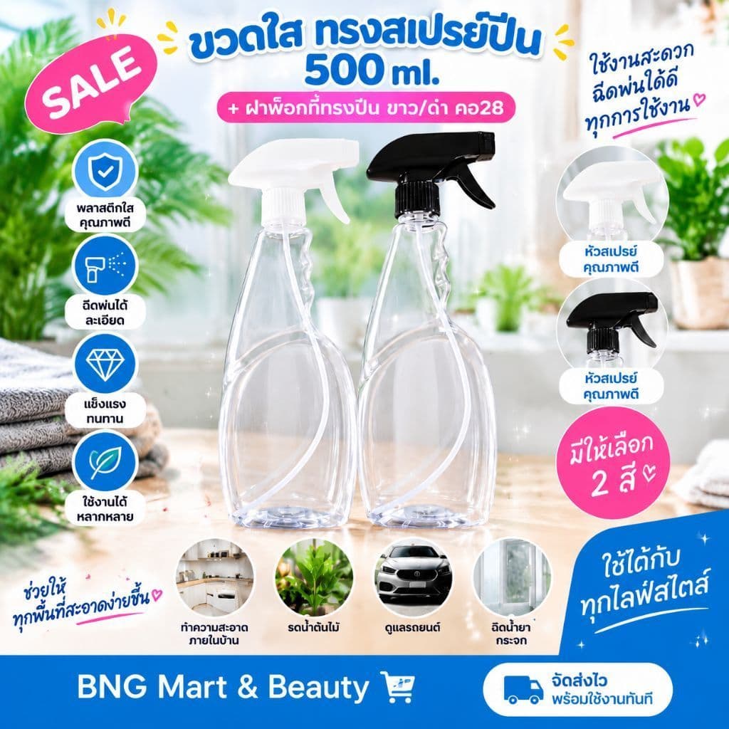 ขวดสเปรย์ปืน 500ml PET ใส หัวฉีดฟ็อกกี้ไกปืน คอ28 mm. ฝาขาว/ดํา ขวดทําแบรนด์"