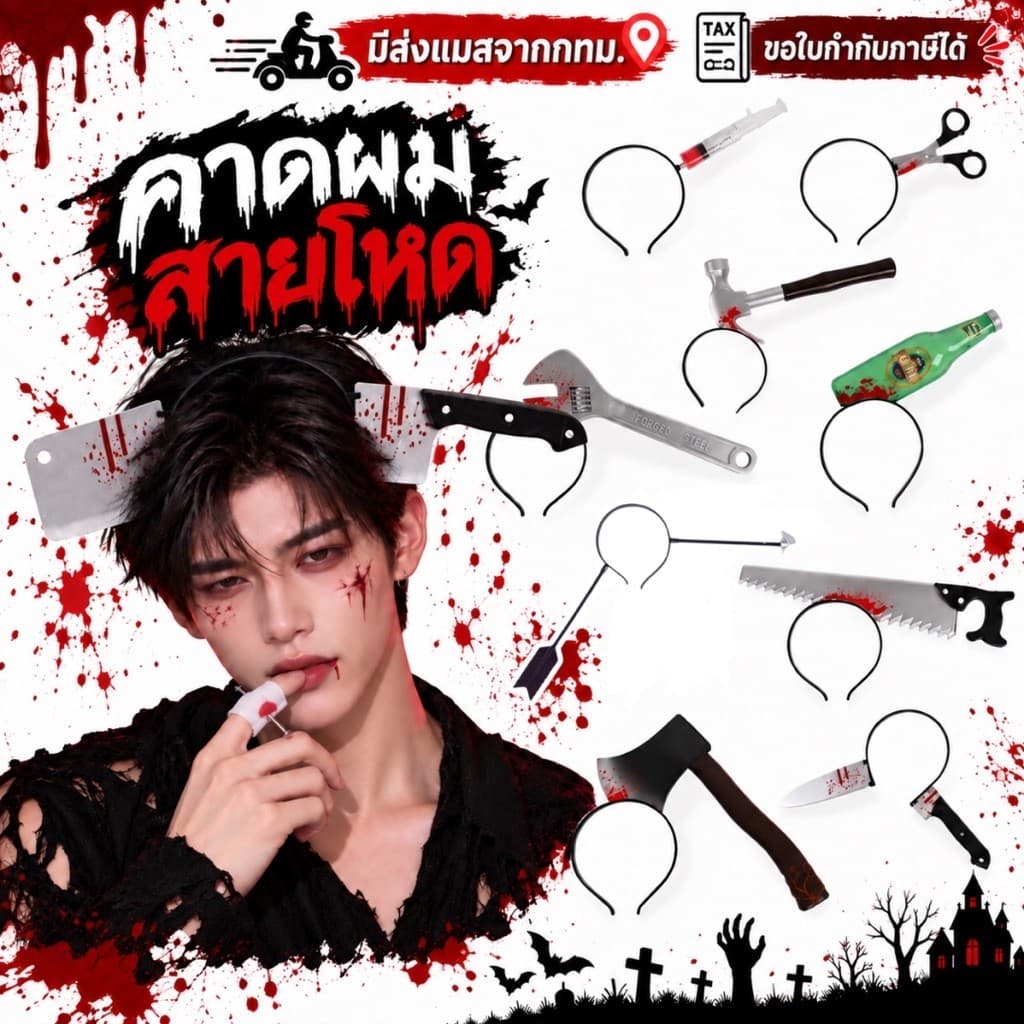 จากกรุงเทพ คาดผมฮาโลวีน ที่คาดผม เลื่อย กรรไกร ประแจ ขวาน มีด อีโต้ ขวดเบียร์ เข็มฉีดยา ธนู