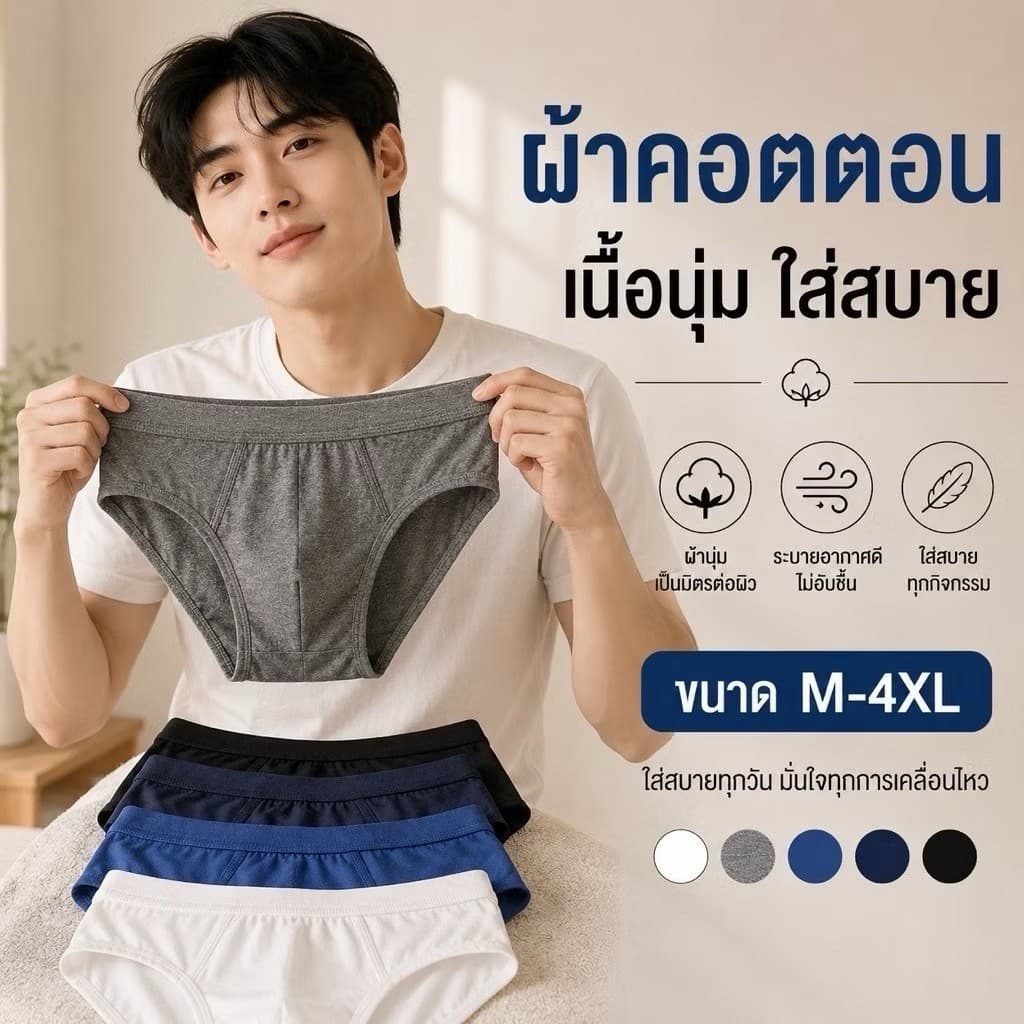 กางเกงในชายสไตล์เกาหลี ผ้านุ่ม ใส่สบาย มินิมอล เซต 5 ตัว