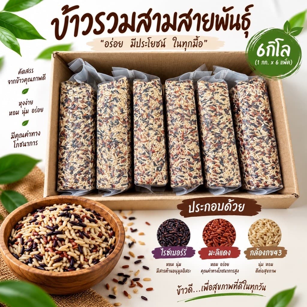 ใหม่ ข้าวรวมสามสายพันธุ์ ข้าว3ชนิดแพคสุญญากาศ 6กิโลกรัม อย่างดี เก็บได้นาน ตราทรัพย์ธนา