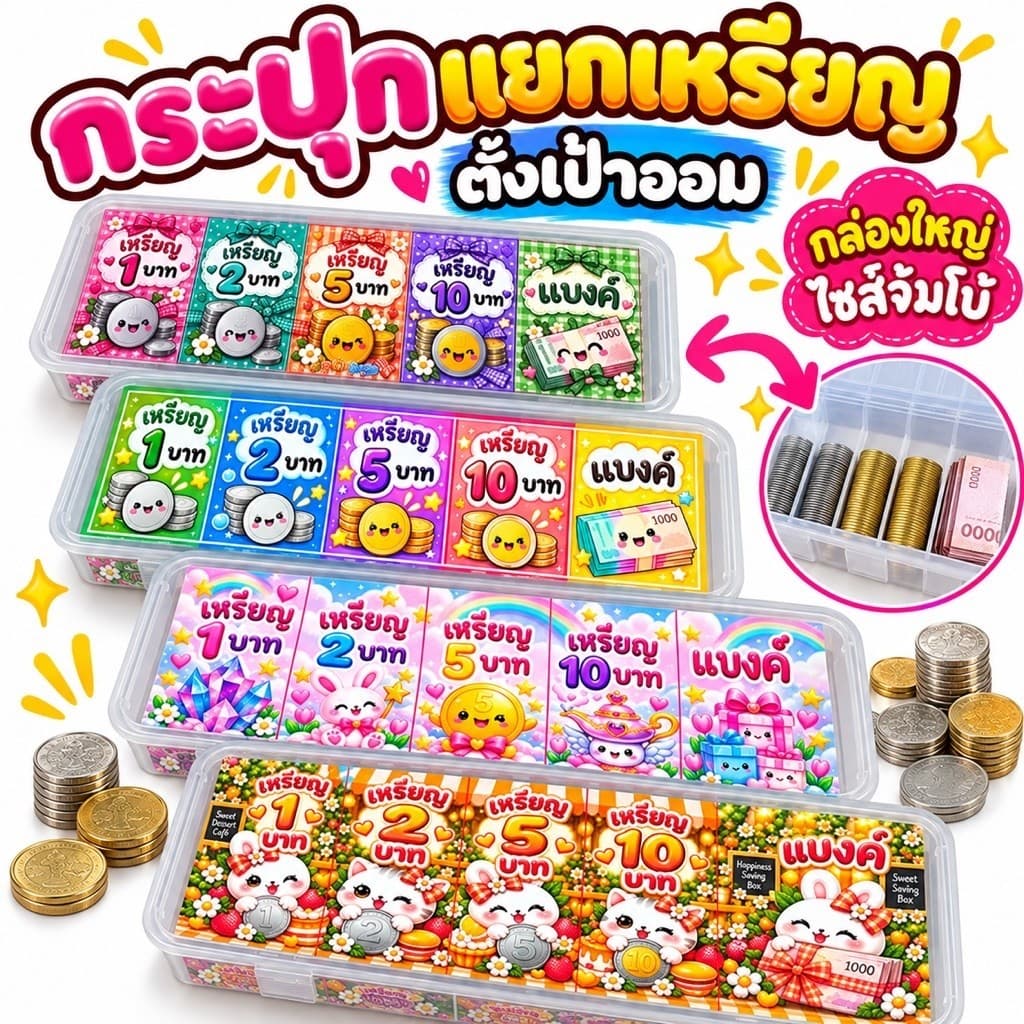 กระปุกแยกเหรียญ 5 ช่อง ใส่เงิน แยกเงิน วัสดุPP หนา แข็งแรง กันฝุ่น กันน้ํา