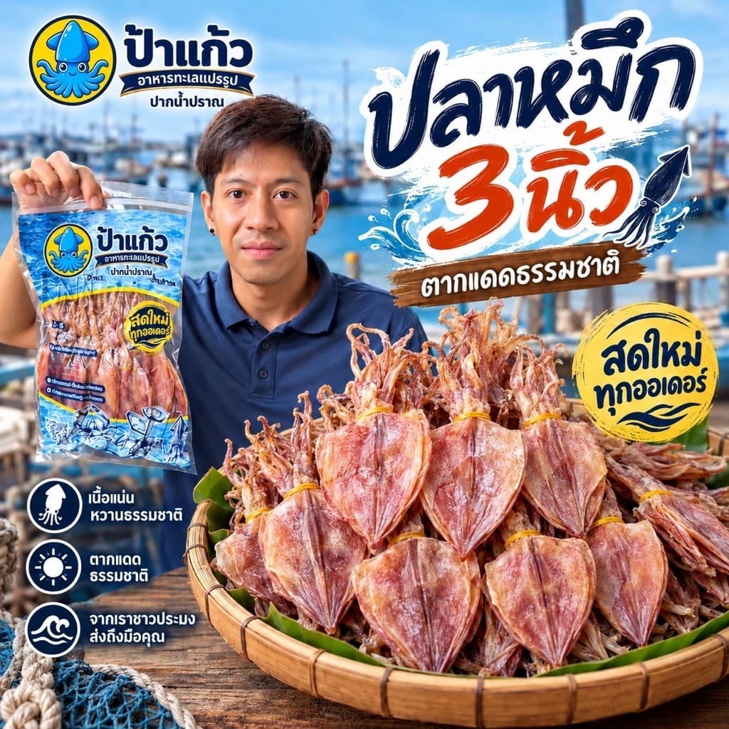 ปลาหมึกแห้ง 3 นิ้ว เนื้อหนึบ ไม่เค็ม หวานธรรมชาติ จากทะเลแท้