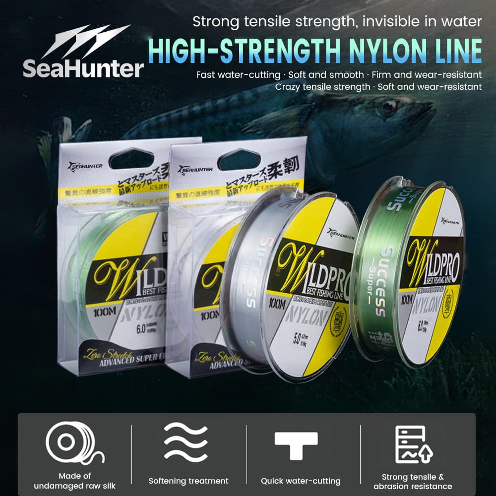 SeaHunter สายตกปลาไนลอน 100 เมตร สายตกปลาแบบใส ป้องกันการม้วนงอ จมง่าย