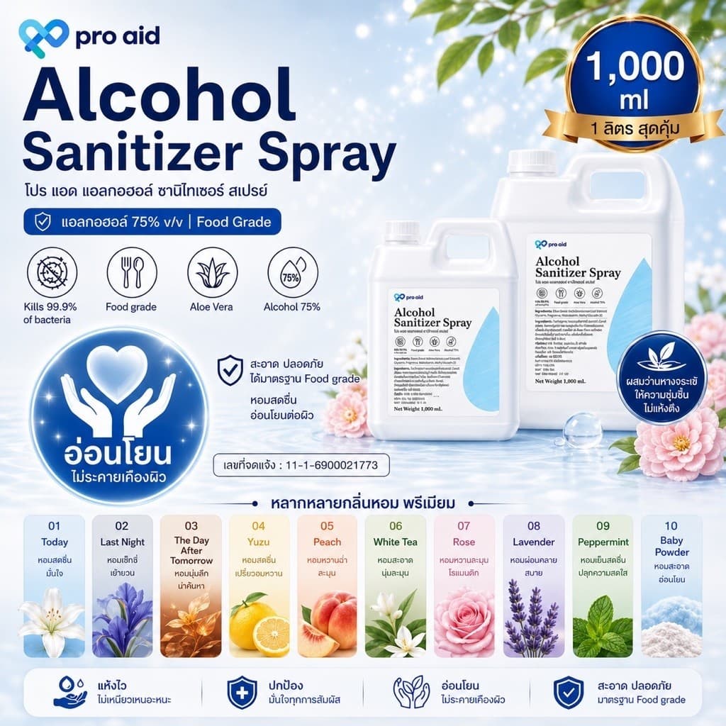 💐 Pro Aid Alcohol 75% แอลกอฮอล์ 1 ลิตร สูตรน้ํา สูตรอ่อนโยน กลิ่นหอม | Food Grade | กลิ่นผลไม้ ดอกไม้…