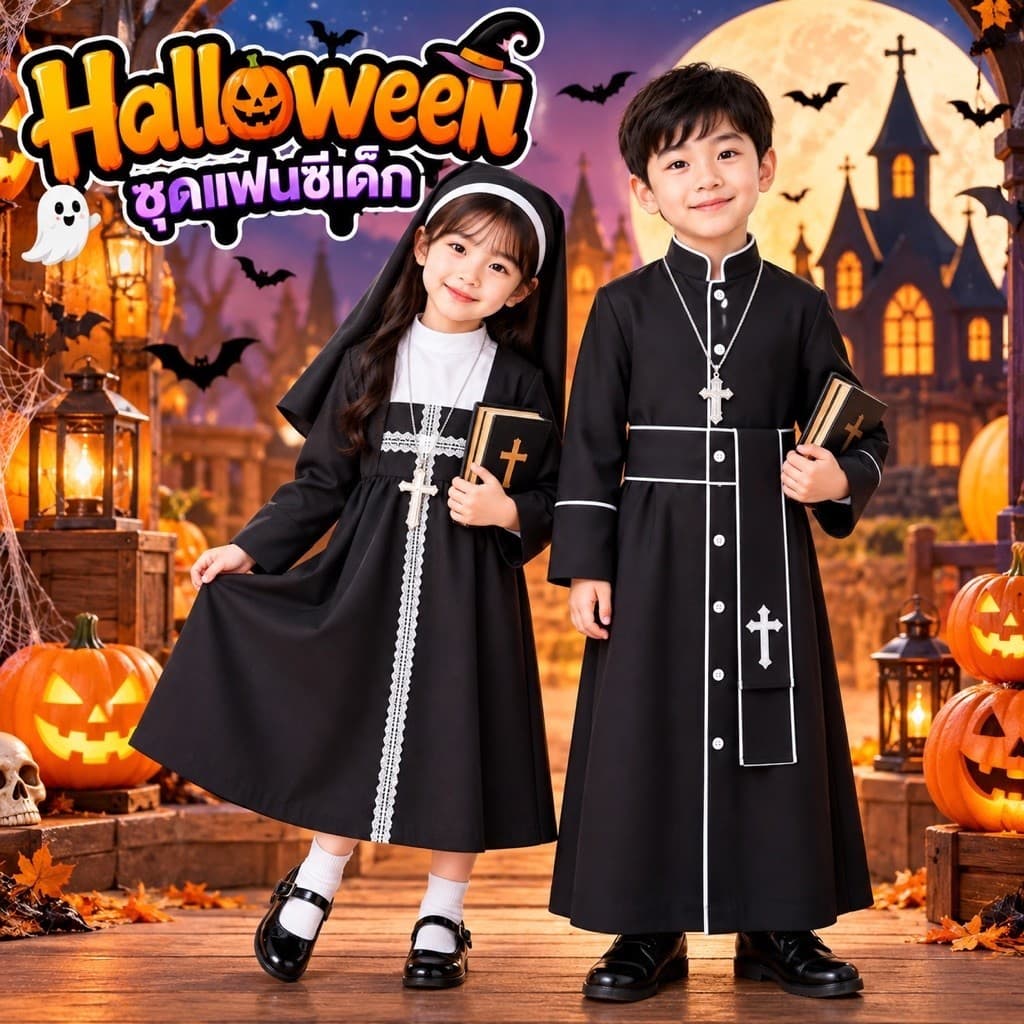 ชุดแฟนซีเด็ก ธีมฮาโลวีน 🎃👻 มีให้เลือกทั้ง ชุดแม่ชีเด็กผู้หญิง และ ชุดบาทหลวงเด็กผู้ชาย ดีไซน์น่ารัก