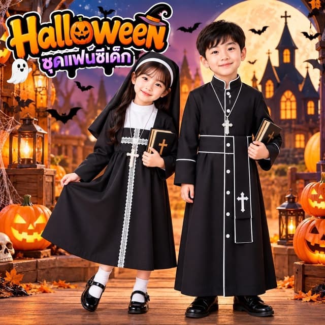 ชุดแฟนซีเด็ก ธีมฮาโลวีน 🎃👻 มีให้เลือกทั้ง ชุดแม่ชีเด็กผู้หญิง และ ชุดบาทหลวงเด็กผู้ชาย ดีไซน์น่ารัก