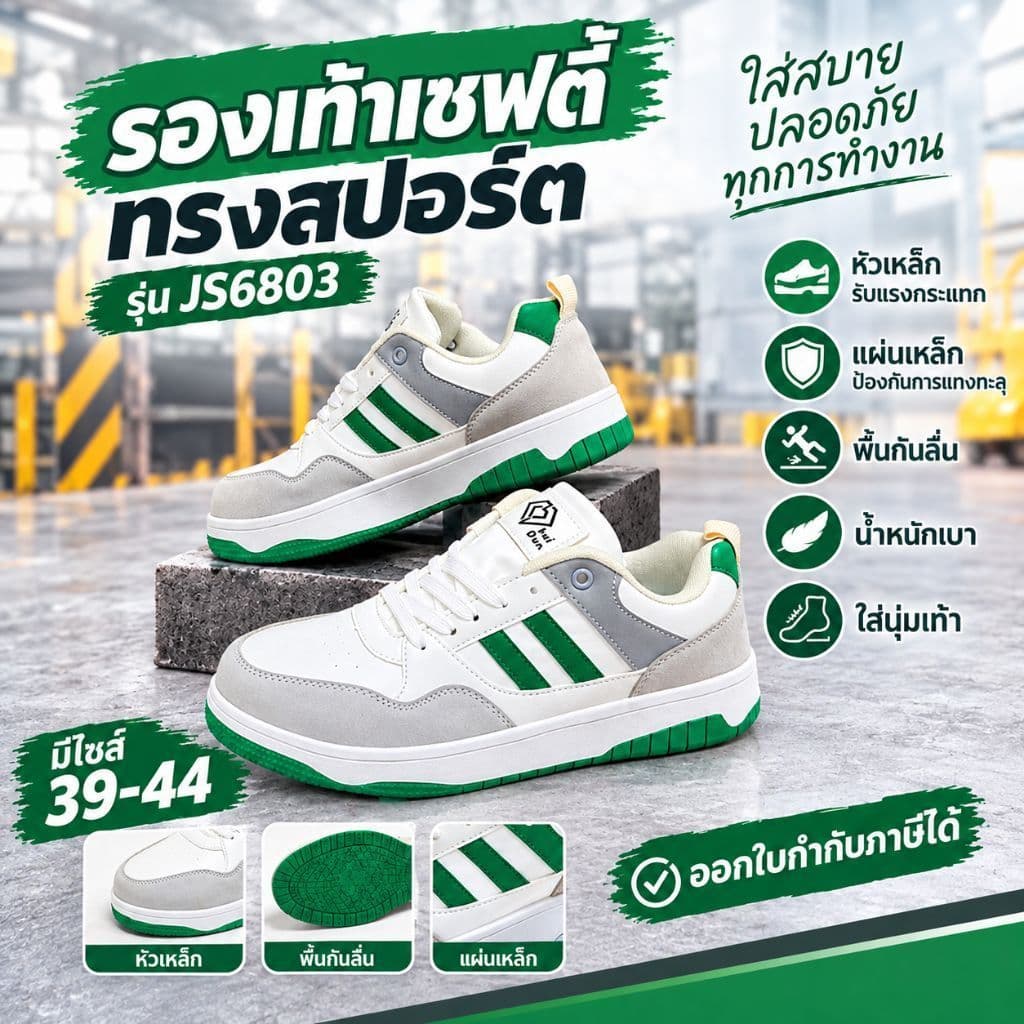 รองเท้าเซฟตี้ทรงแฟชั่นรุ่นJS6803หัวเหล็กพื้นเหล็กแท้จากโรงงานมีแผ่นเหล็กกันตะปูแทงน้ําหนักเบานุ่มนวลพื้นกันลื่…