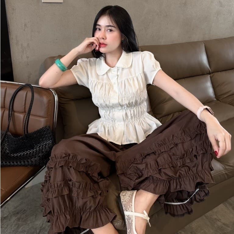 เสื้อแขนพองคอบัว กระดุมหน้า ทรงสวยมากก(รหัสJ93)