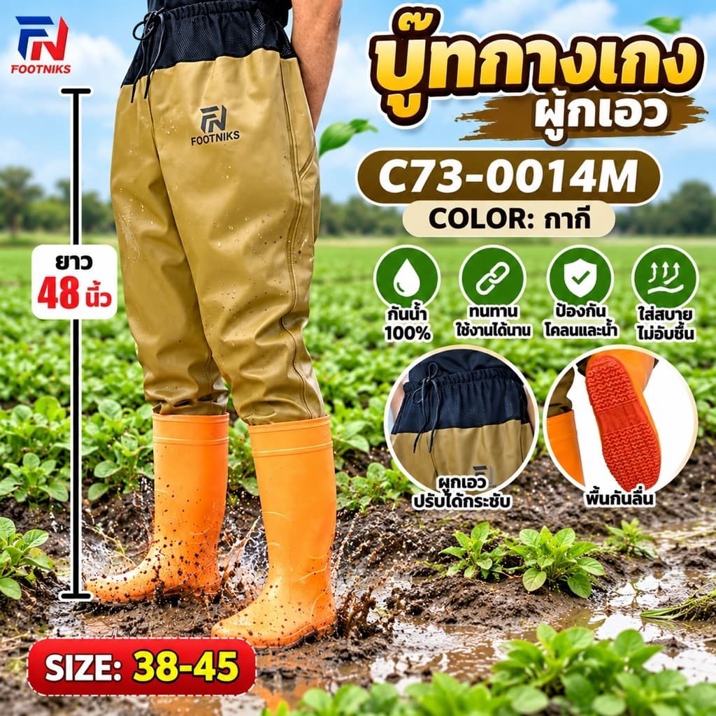 Footniks กางเกงบูทกันน้ํา สีครีม บู๊ทกางเกงผูกเชือก ขนาด 48 นิ้ว บูทยางหนา สําหรับทํานา ทําสวน…