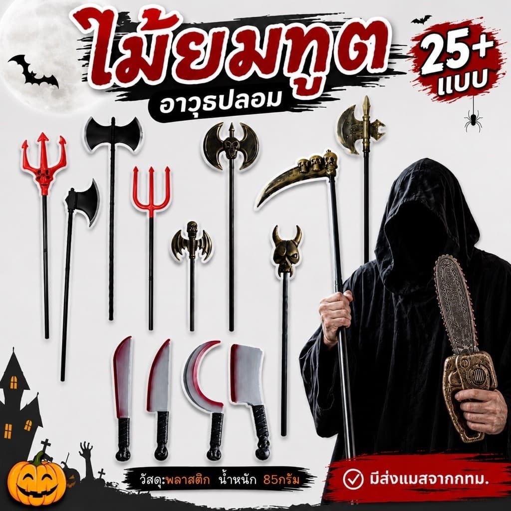 จาก กทม ส่งไว ไม้ยมฑูต มีดปลอม ไม้เดวิล ไม้สามง่าม เคียว ขวาน อาวุธฮาโลวีน ไม้เพชรฆาต พร็อพฮาโลวีน