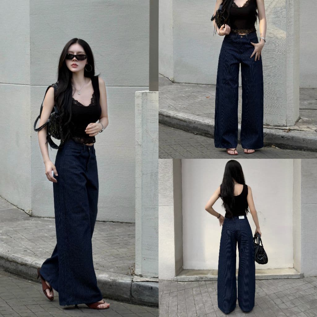 MIDNIGHT WIDE PANTS กางเกงขากระบอกใหญ่ผ้าคอตตอนยีนส์ลายริ้ว