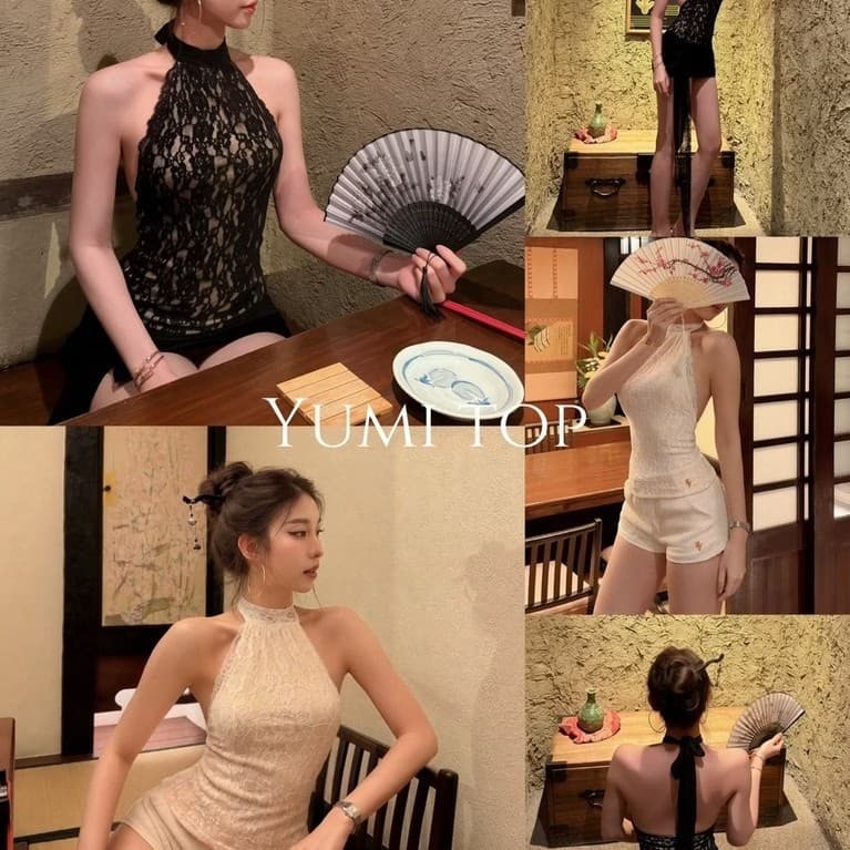 YUMI TOP 790.- เสื้อคอปีนผูกคอผ้าลูกไม้พรีเมียม เข้ารูปใส่บาย