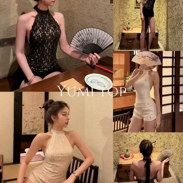 YUMI TOP 790.- เสื้อคอปีนผูกคอผ้าลูกไม้พรีเมียม เข้ารูปใส่บาย