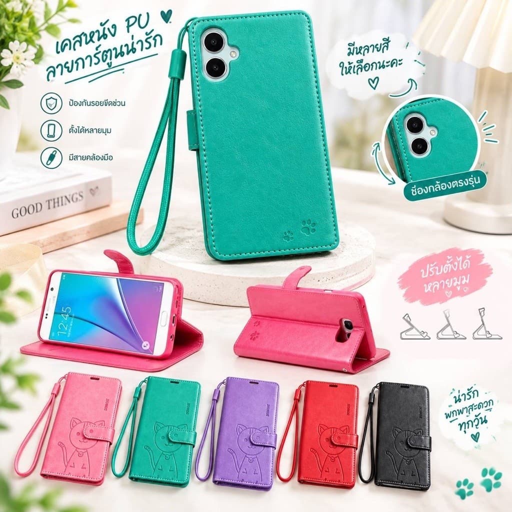 เคสฝาพับ แถมสาย มีล็อค สําหรับ Samsung A07 A08 A06 A05 A03 A02 M02 A02S A03S A05S A22 A10 ใส่บัตรได้ ตั้งได้…