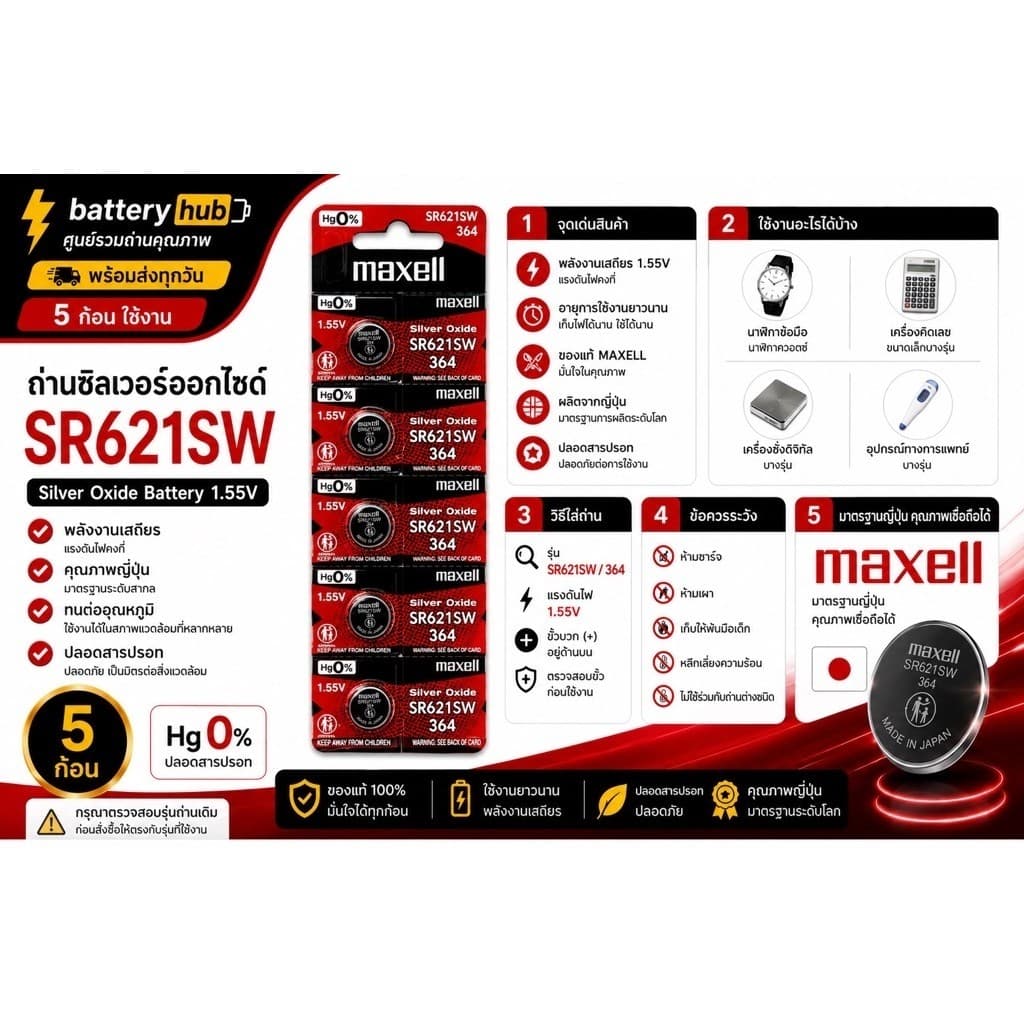 Maxell SR621SW / 364 Silver Oxide Battery 1.55V ถ่านนาฬิกา ของแท้ญี่ปุ่น 5 ก้อน/แผง