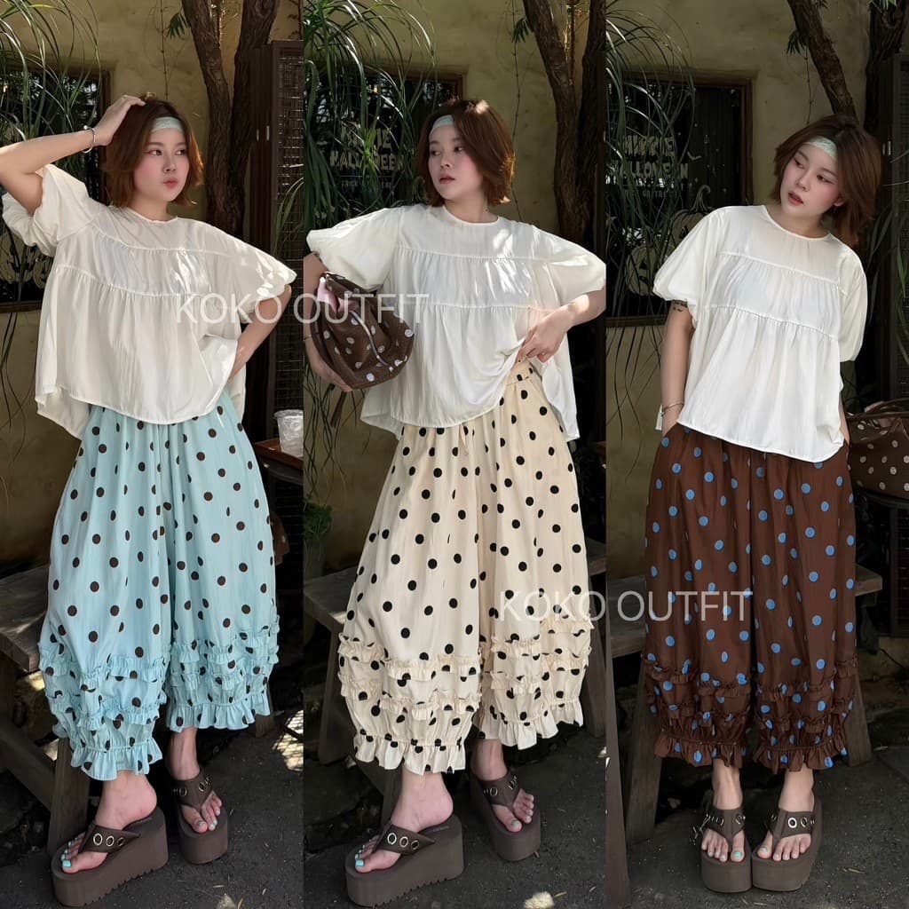 KOKO กางเกงบอลลูน รุ่นพุดดิ้งPolkadot ( เอว 24-42 ) ผ้าเครปญี่ปุ่น ลายสวยเกร๋ มีสไตล์