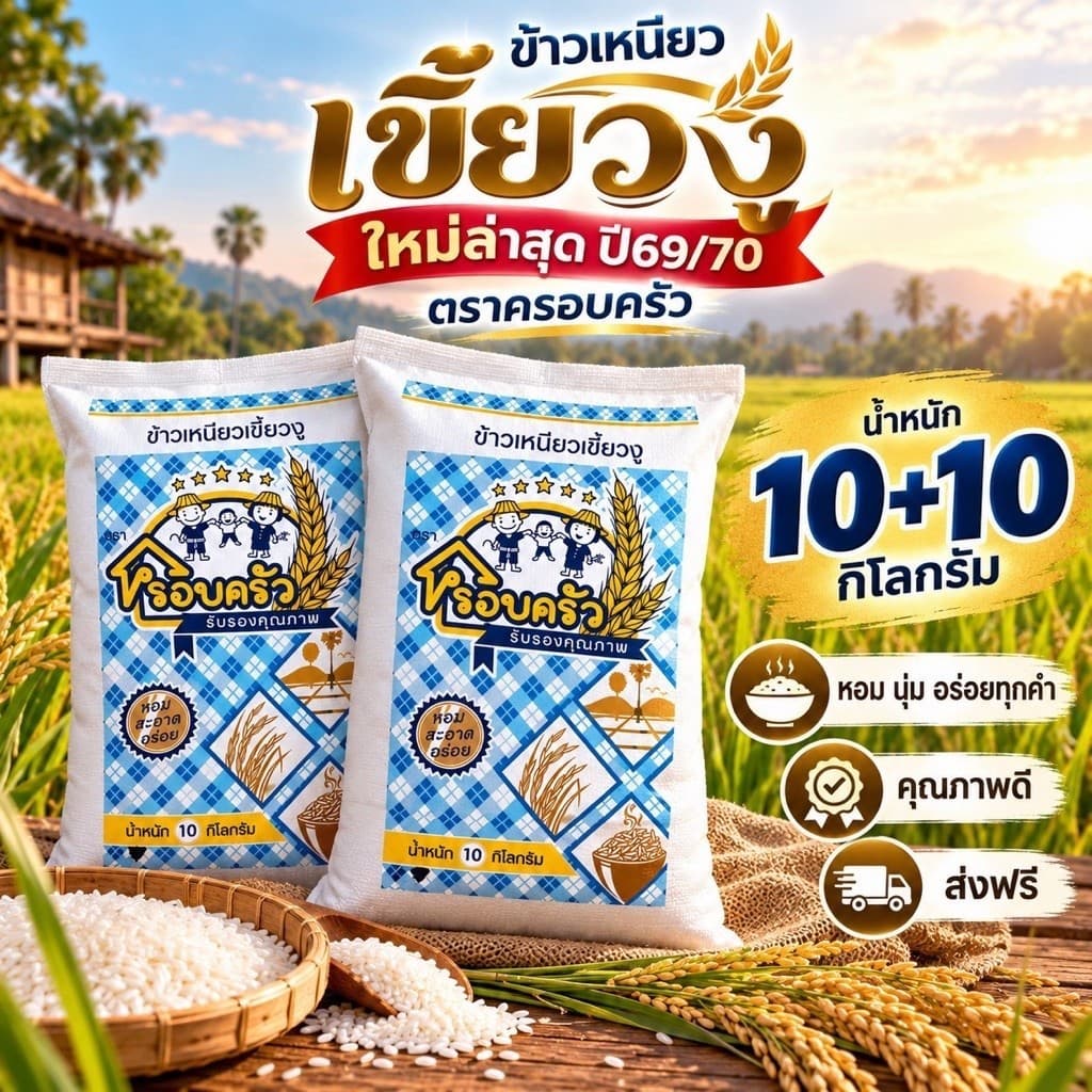 ข้าวเหนียวเขี้ยวงูใหม่เอี่ยมล่าสุด69/70 10+10 รวม 20 กิโล