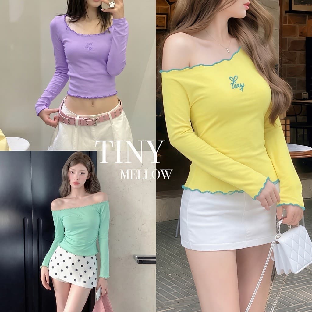 TINY - เสื้อแขนยาว เสื้อยืด ผ้ายูนิ/ผ้าไอวอรี่ ผ้ายืดหยุ่นใส่สบาย ปักโลโก้