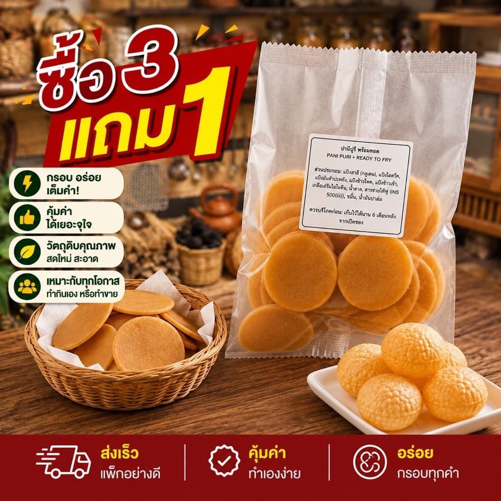 แผ่นแป้งปานีปูรีพร้อมทอด 60 กรัม 22-30 ชิ้น ราคา 59 บาท | โปรซื้อ 3 แถม 1 รวม 4 ถุง