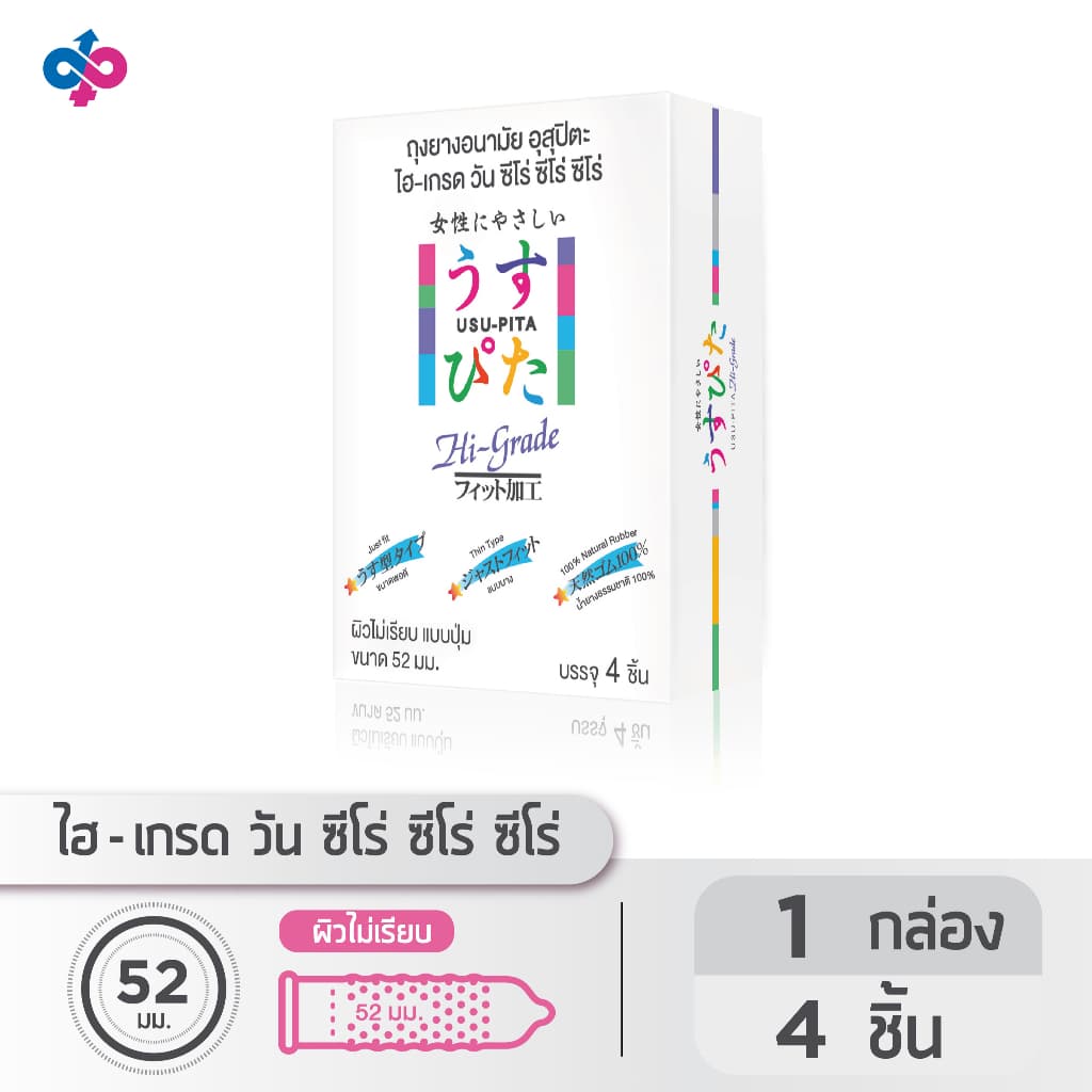 ถุงยางอนามัยอุสุปิตะ ไฮ-เกรด (USU-PITA HI-GRADE Condom) ผิวไม่เรียบแบบปุ่ม ถุงยางสีชมพู ขนาด 52 มม.(1…