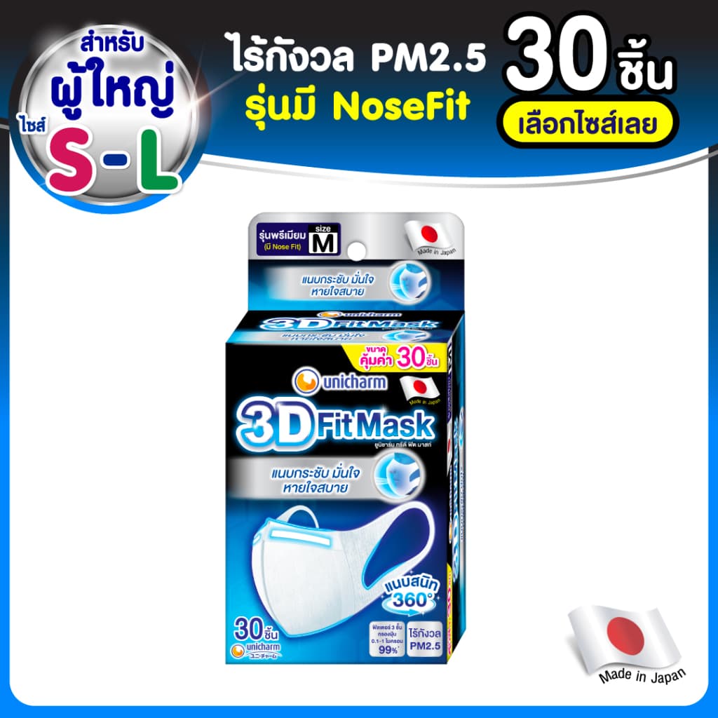 3D Mask ทรีดี มาสก์ หน้ากากอนามัยสําหรับผู้ใหญ่ ขนาด S/M/L จํานวน 30 ชิ้น