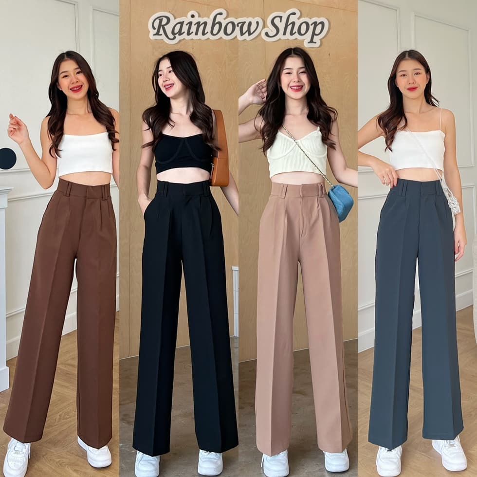 กางเกงขากระบอกใหญ่เอวสูง รุ่นแต่ง 2 หู ทรงสวยสะโพกใหญ่ ผ้าA80 ผ้าหนา ใส่สบาย (C)