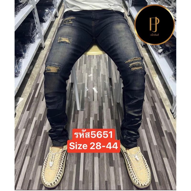 Dกางเกงยีนส์ขาเดฟผ้ายืดสนิมฟ้าแต่งขาดปะไซส์ใหญ่เอว28-58รหัส5651 รูปที่ 1