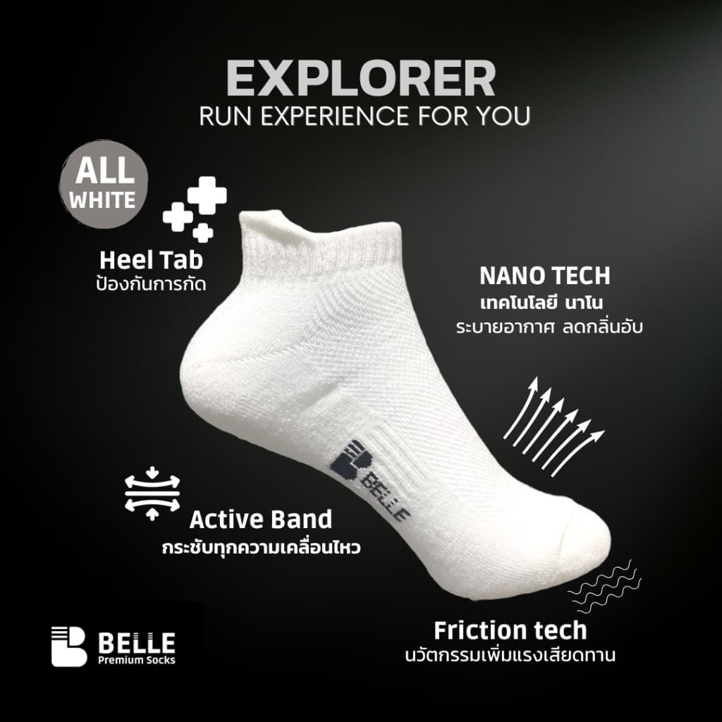 (แพ็ค4/6คู่)ถุงเท้าวิ่ง BELLE รุ่น Explorer พร้อมแถบกันรองเท้ากัด No.1เรื่องความคงทน