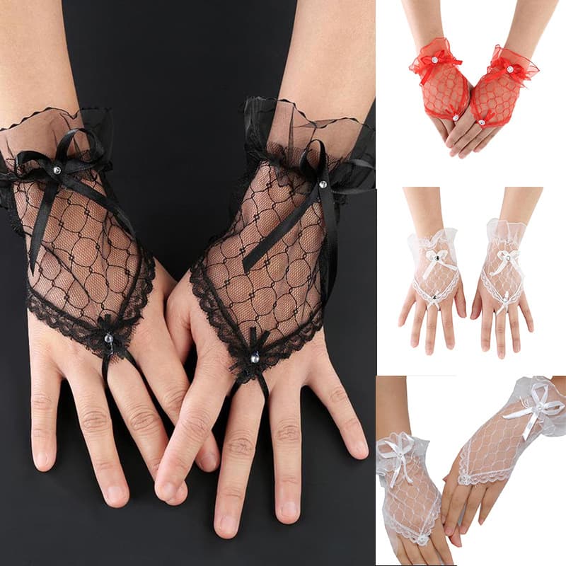 ถุงมือสั้นเจ้าสาวชีฟองลูกไม้มีโบว์