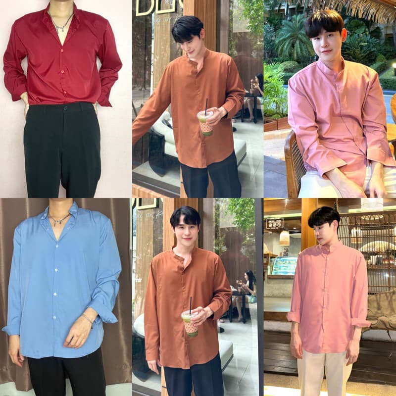 S6: (สีใหม่) เสื้อเชิ้ตคอจีนแขนยาว สีพื้น พร้อมส่ง ไซซ์ M L XL XXL ผ้านิ่มใส่สบายไม่ร้อน