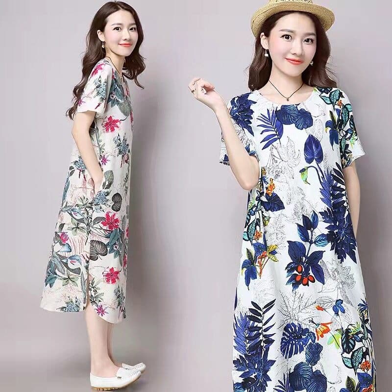 เดรสยาว ทรงเอ ลายผีเสื้อ ไซส์ใหญ่ M-4XL ใส่สบาย ไม่ร้อน ชุดเดรสสาวอวบ พร้อมส่งในไทย