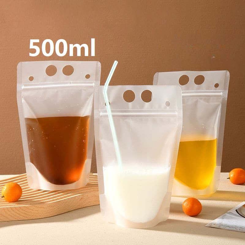 ถุงใส่น้ํามีหูหิ้ว 500ml. (50ใบ) แบบซิปล็อก ก้นตั้งได้ สีขุ่น ใส่เครื่องดื่ม ใส่อาหาร