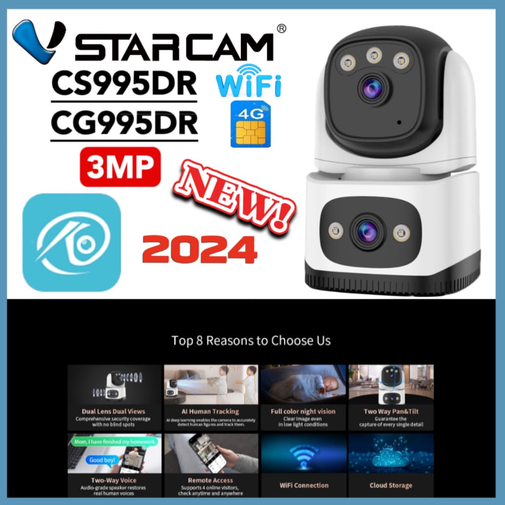 Vstarcam CS995DR WIFI/CG995DR SIM 4G(เลนส์คู่) ใหม่2024 กล้องวงจรปิดไร้สาย ความละเอียด 3MP(1296P) indoor มีAI