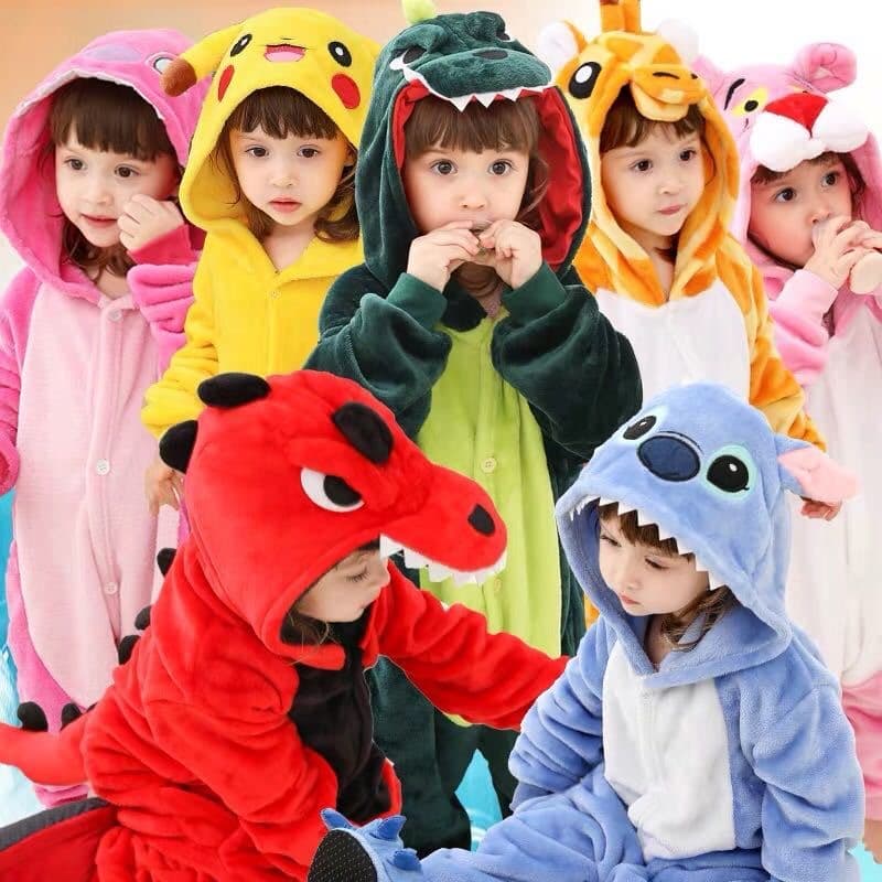 ชุดนอนเด็กจั๊มสูทสัตว์การ์ตูน Kigurumi ผ้าฟลานเนล ไดโนเสาร์ ปิกาจู ชุดคอสเพลย์หน้าหนาว