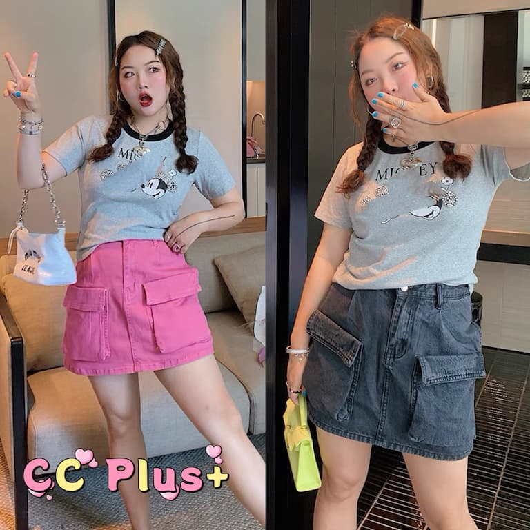 CiCi Plus+(sale 608)กระโปรงกางเกงขาสั้น ผ้ายีนส์ ทรงคาโก้ มีซับด้านใน เหมาะสําหรับสาวพลัสไซส์ สไตล์Y2K รูปที่ 1